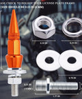Orange Spike License Plate Screws Kit Four Piece With Anti Theft Bolts Made From Stainless Steel And Aluminum Alloy laid out with dimensions