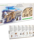 Aeroplane Starter Ramp 3D Model Kit for Adults and Teens, Laser Cut Wooden Puzzle Construction Set, Creative No Glue Build, Awesome Hands On Aviation Themed DIY Project for Skill Building. Wooden 3D puzzle kit box with assembled flight starter model.