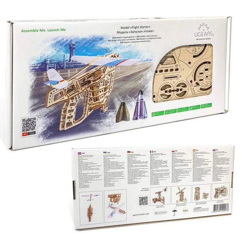 Aeroplane Starter Ramp 3D Model Kit for Adults and Teens, Laser Cut Wooden Puzzle Construction Set, Creative No Glue Build, Awesome Hands On Aviation Themed DIY Project for Skill Building. Wooden 3D puzzle kit box with assembled flight starter model.
