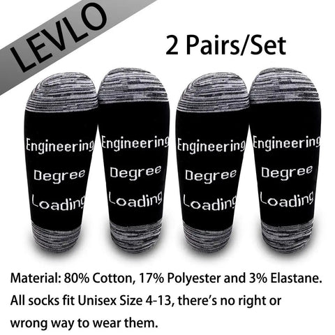 Funny Engineering Socks Gift For Him Two Pair Set Mid Calf Unisex Size 4-13 black socks with 'Engineering Degree Loading' text.
