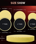 Six-Piece Polishing Pad Kit For Car Detailing With Sponge And Wool Pads, size comparison of 5.6 inch, 6 inch, and 7 inch pads.