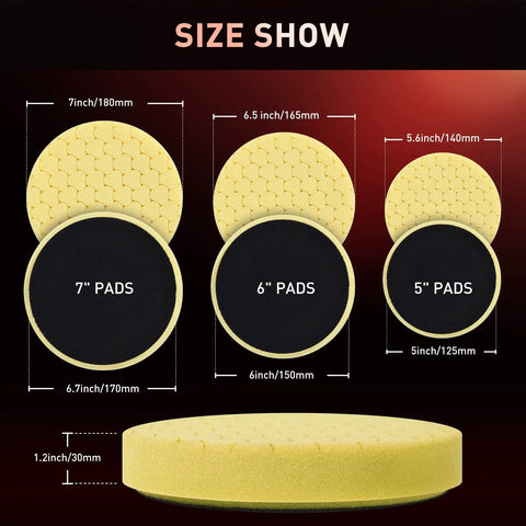 Six-Piece Polishing Pad Kit For Car Detailing With Sponge And Wool Pads, size comparison of 5.6 inch, 6 inch, and 7 inch pads.
