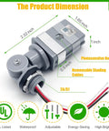 Two Pack Waterproof Photocell Sensors For Outdoor Lights, 120V AC 50 60Hz, 16 Gauge Wire With Swivel Mount, product dimensions shown