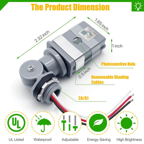 Two Pack Waterproof Photocell Sensors For Outdoor Lights, 120V AC 50 60Hz, 16 Gauge Wire With Swivel Mount, product dimensions shown