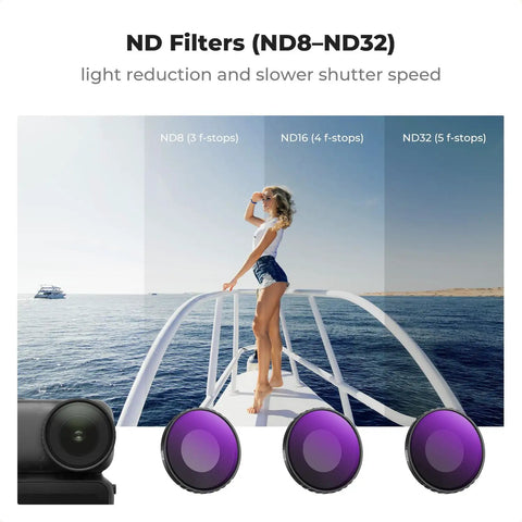 Image of ND CPL Filter Kit for DJI Osmo Nano Vlog Ready Camera 4 Pack With ND8 ND16 ND32 And CPL Polarizer showing woman on boat