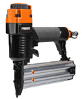 Close-up of Heavy Duty Five Piece Pneumatic Nailer and Stapler Kit, black and orange finish, designed for framing and brad jobs.