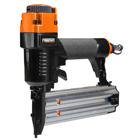 Close-up of Heavy Duty Five Piece Pneumatic Nailer and Stapler Kit, black and orange finish, designed for framing and brad jobs.