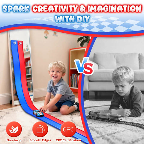 Double Sided Flexible Race Track With Strong Suction Cups For Wall use shown with kids playing, 1:64 cars on dual lanes.