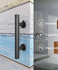 2 Pack 10 Inch Sliding Barn Door Handles And Pulls installed on rustic wood surface, matte black finish, showing easy installation guide.