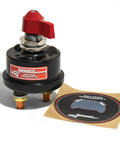 Longacre weatherproof battery disconnect switch with red knob, black housing, copper terminals.