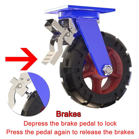 Close-up of Heavy Duty Industrial Casters With Brakes, solid rubber wheels, showing brake mechanism and sturdy design.
