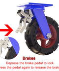 Heavy Duty Swivel Casters Set Of 4 With Quick Release Brakes Puncture Proof Rubber Tires close-up of brake pedal and tire on steel plate