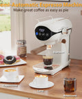 Compact Semi Automatic Espresso Machine With 20 Bar Pressure Built In Steam Milk Frother And Touchscreen Controls brewing espresso with latte and cappuccino.