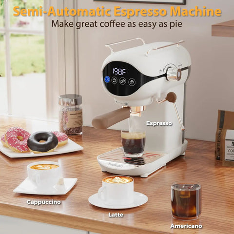 Compact Semi Automatic Espresso Machine With 20 Bar Pressure Built In Steam Milk Frother And Touchscreen Controls brewing espresso with latte and cappuccino.