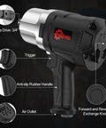 Pro Grade Three Quarter Inch Air Impact Wrench With Twin Hammer Drive showing square drive, trigger, air outlet, and anti-slip handle.