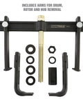 Powerful Brake Drum Puller And Rotor Removal Tool with adaptors, includes arms for hub, drum, and rotor removal, black metal