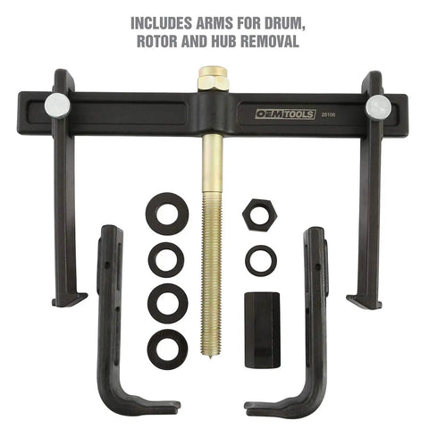Powerful Brake Drum Puller And Rotor Removal Tool with adaptors, includes arms for hub, drum, and rotor removal, black metal