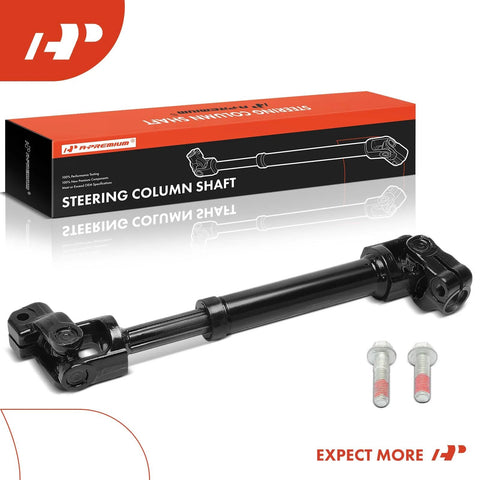 A-Premium steering column shaft with U-joint coupler, black steel, side view with two mounting bolts