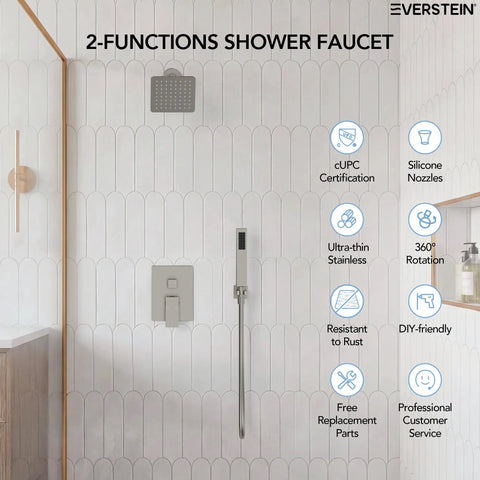 EVERSTEIN 6" Wall Mount Shower System with Handheld Spray, Brushed Nickel on a modern bathroom wall.