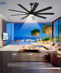 Modern living room with 72 inch ceiling fan with light, 9 blade black walnut, reversible DC motor, 6 speeds, dimmable lighting