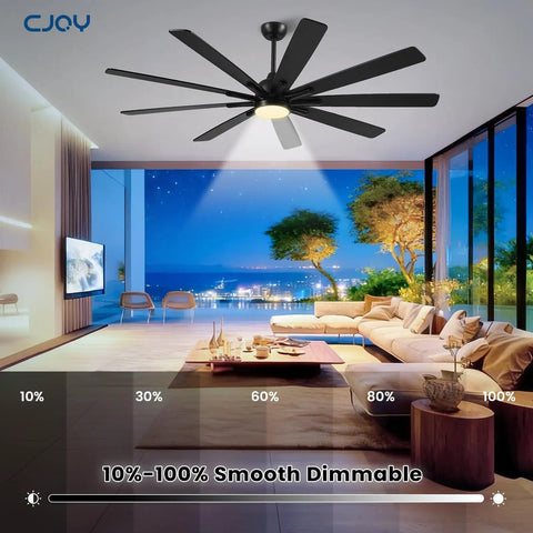 Modern living room with 72 inch ceiling fan with light, 9 blade black walnut, reversible DC motor, 6 speeds, dimmable lighting