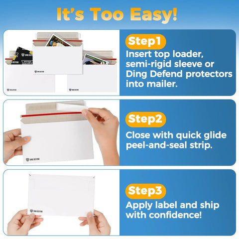 Steps showing the use of Premium 110 Pack Card Shipping Envelopes 7 By 4.35 Inches Self Adhesive Mailers for trading cards protection.