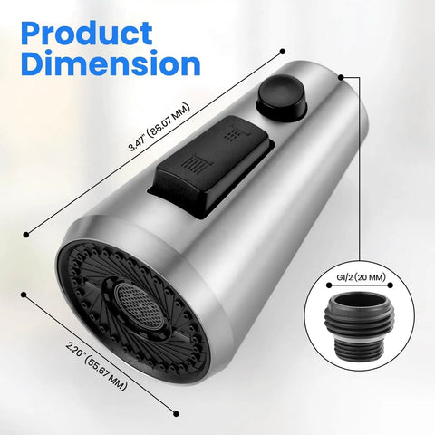 Top Shelf Pull Down Faucet Sprayer Head Replacement Heavy Duty Rust Resistant Stainless Steel With Nine Quick Snap Adapters For Hassle Free Kitchen Sink Swaps Brushed Nickel showing dimensions and connector details.