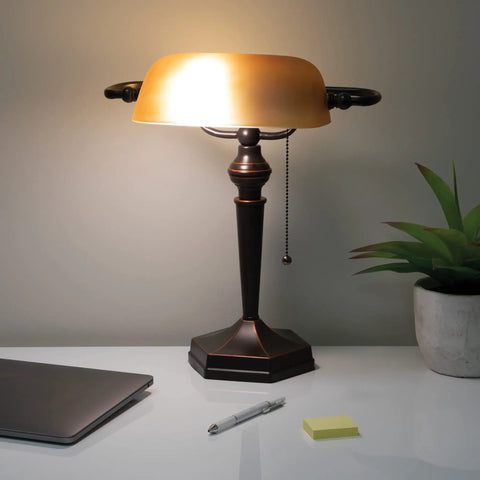 Antique Bronze Banker Style Desk Lamp With Amber Glass Shade 15 Inch Tall LED Table Lamp For Home And Office Bedside Light Dope Cozy Vintage Office Lighting Glow