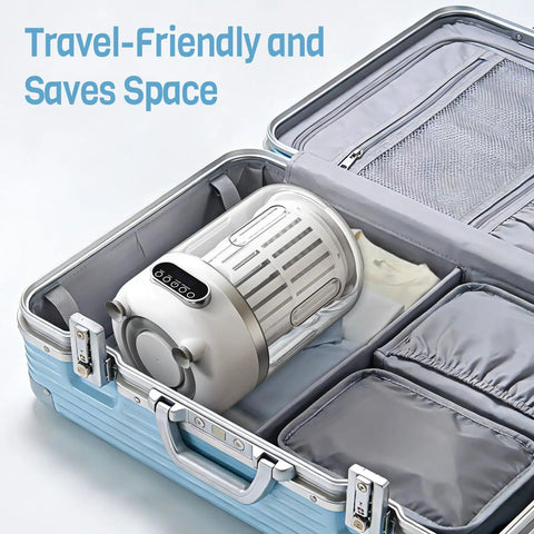 Ultra Compact Cordless Washing Machine, Portable Mini Laundry Spinner For Underwear And Socks packed in a suitcase for travel.
