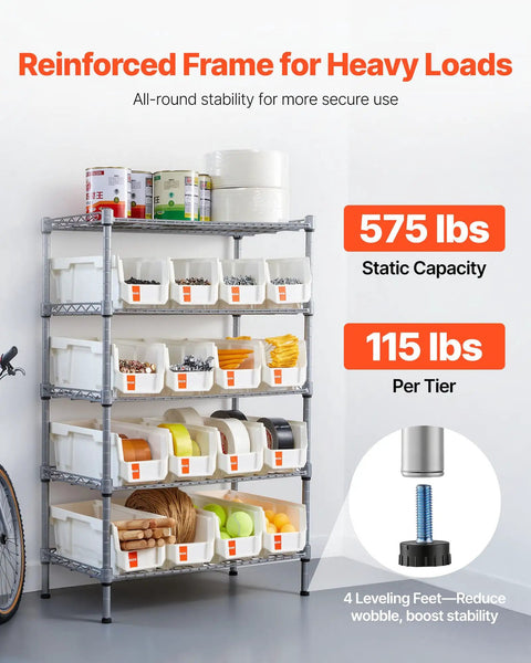 5 Tier Rolling Bin Storage Rack With 16 Organizer Bins, Heavy Duty Wire Shelving On Casters shown loaded with various items