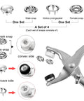 Dope Pearl Snap Button Kit With 400 Pieces And 10 mm Fastener Plier With 5 Prong Fasteners For DIY Clothing Hats Bags Sewing Crafts Repair And Apparel Making In White, showing plier and snap parts.