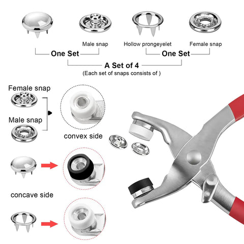 Dope Pearl Snap Button Kit With 400 Pieces And 10 mm Fastener Plier With 5 Prong Fasteners For DIY Clothing Hats Bags Sewing Crafts Repair And Apparel Making In White, showing plier and snap parts.