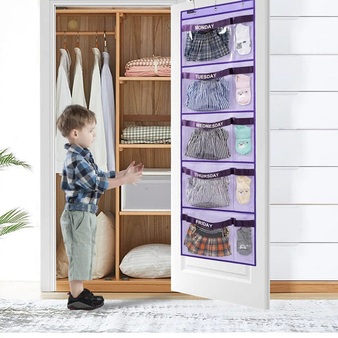 Weekly Kids Closet Hanging Organizer For Monday Through Friday Outfits Purple Thick Nonwoven Bag With Clear Window Panels Straight Up Simple Back To School Wardrobe Storage Hack