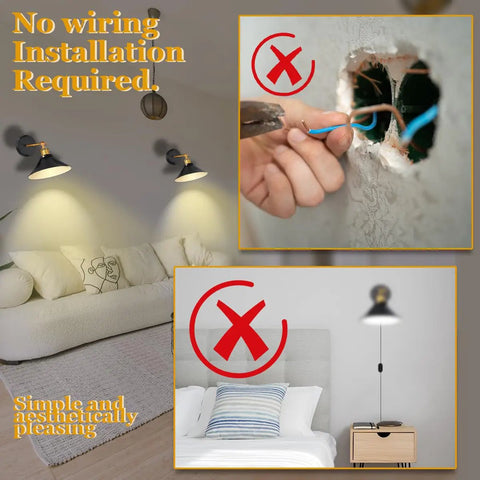 Battery Operated Wall Sconces Set Of 2 USB Rechargeable showing no wiring or drilling with remote control, over sofa in bedroom.