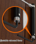 Close-up of Automatic Rebound Door Closer For Home Use Surface Mounted Spring Closer with adjustable hinge on wooden door.