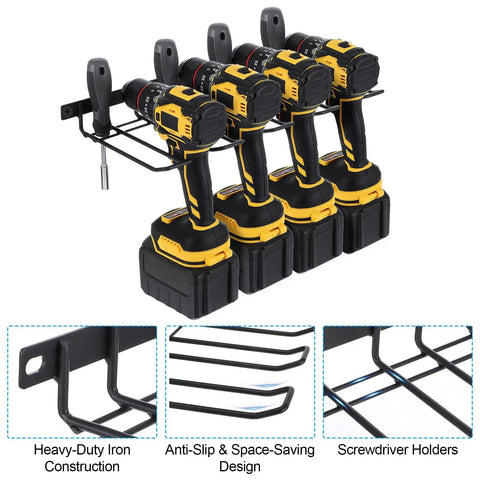 3 Pack Heavy Duty Power Tool Wall Mount Organizer For Cordless Drills And Tools Garage Shop Storage Rack Quick Install Iron Black Finish Holds 4 Tools Per Mount 12 Tools Total Dimensions 16.6 By 6.8 By 1.8 Inches, shown holding four cordless drills