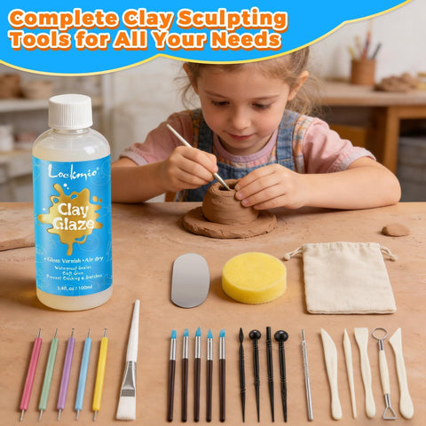 Air Dry Clay Glaze And 25 Piece Tool Kit With Gloss Varnish Protectant To Prevent Cracking Scratching And Wear, child sculpting clay.