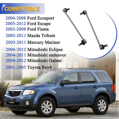 Zinc Nickel Alloy Stabilizer Sway Bar Links Fit 2001-2012 Toyota Rav4 And 2005-2012 Ford Escape SUVs pictured with compatibility list.