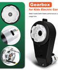 Two Pack 12V RS550 Beefed Up Torque Gearbox Motors design details for kids ride-on cars, with a focus on white and black components