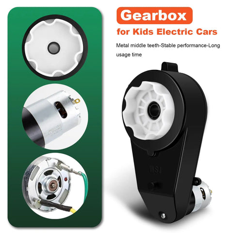 Two Pack 12V RS550 Beefed Up Torque Gearbox Motors design details for kids ride-on cars, with a focus on white and black components