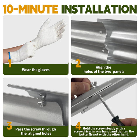Four-step assembly guide for Galvanized Raised Garden Bed 4x2x1ft Planter Box For Vegetables, Fruits, And Flowers with wing nuts.