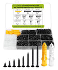 Wood Screws Assortment Kit With 500 Phillips Drive Black Flat Head Screws In Eight Sizes From 1/4 Inch To 1-1/4 Inch Plus 50 M6 Anchors