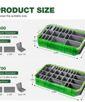 Dimensions and compartments of Waterproof Fishing Tackle Box with 3600 and 3700 trays, removable dividers, and durable plastic material.