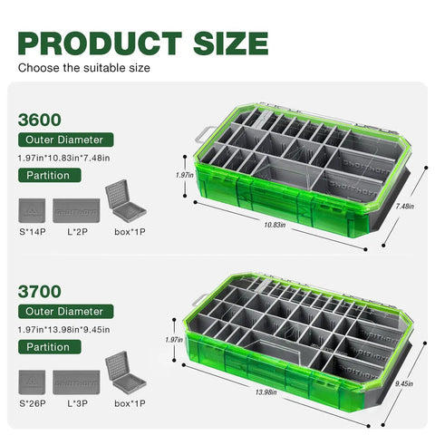 Dimensions and compartments of Waterproof Fishing Tackle Box with 3600 and 3700 trays, removable dividers, and durable plastic material.