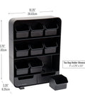 Tea Bag Organizer Station For Countertop And Kitchen Storage, black plastic with removable drawers, dimensions labeled