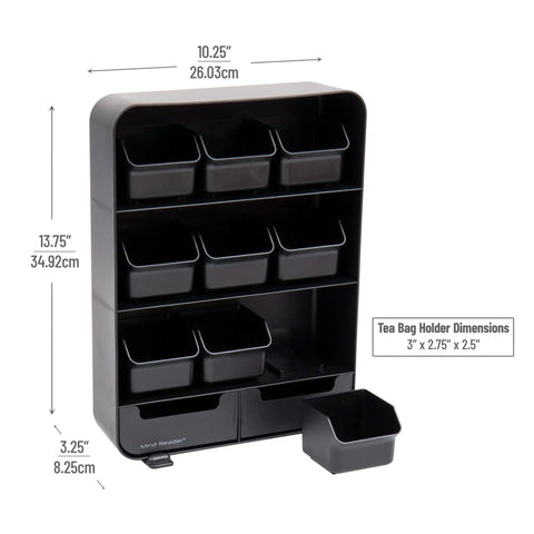 Tea Bag Organizer Station For Countertop And Kitchen Storage, black plastic with removable drawers, dimensions labeled