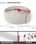 Self Adhesive Vinyl Floor Transition Strip For Laminate And Tile Floors A Flat Divider To Join Gaps And Create A Clean Carpet Threshold Look White Washed Four Feet Long One Point Five Seven Inch Wide Scratch Dirt Resistant Easy Peel And Stick showing specifications and red adhesive side.
