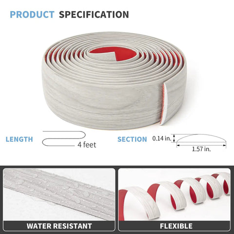 Self Adhesive Vinyl Floor Transition Strip For Laminate And Tile Floors A Flat Divider To Join Gaps And Create A Clean Carpet Threshold Look White Washed Four Feet Long One Point Five Seven Inch Wide Scratch Dirt Resistant Easy Peel And Stick showing specifications and red adhesive side.