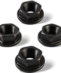 Beefy 3/8 24 Torque Converter To Flex Plate Bolts For Automatic Transmissions Secure Locking Fasteners Fits Aode E4od C4 Crank Adapter Heavy Duty Steel Set Of Four view of four black plated hex lock nuts with flat flanges.
