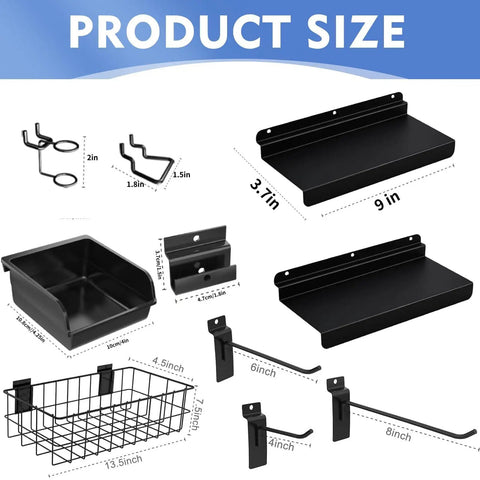 40 Piece Slatwall Accessories Kit With Two Shelves, Six Storage Bins, Bin Hooks, Fifteen Slatwall Hooks, Basket, Holders